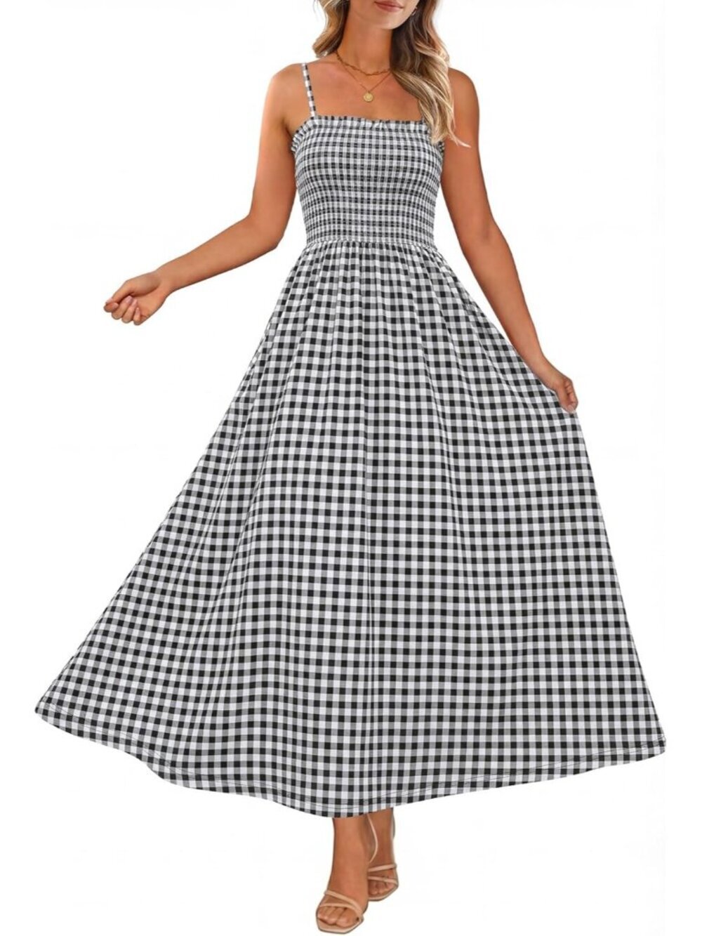 〽️Women Black Plaid Spaghetti Strap Smocked Casual Boho Beach Long Maxi Dresses